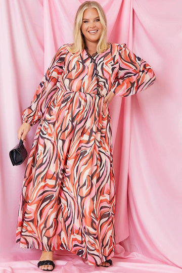 Abstract Print V Wrap Lace Trim Maxi Dress